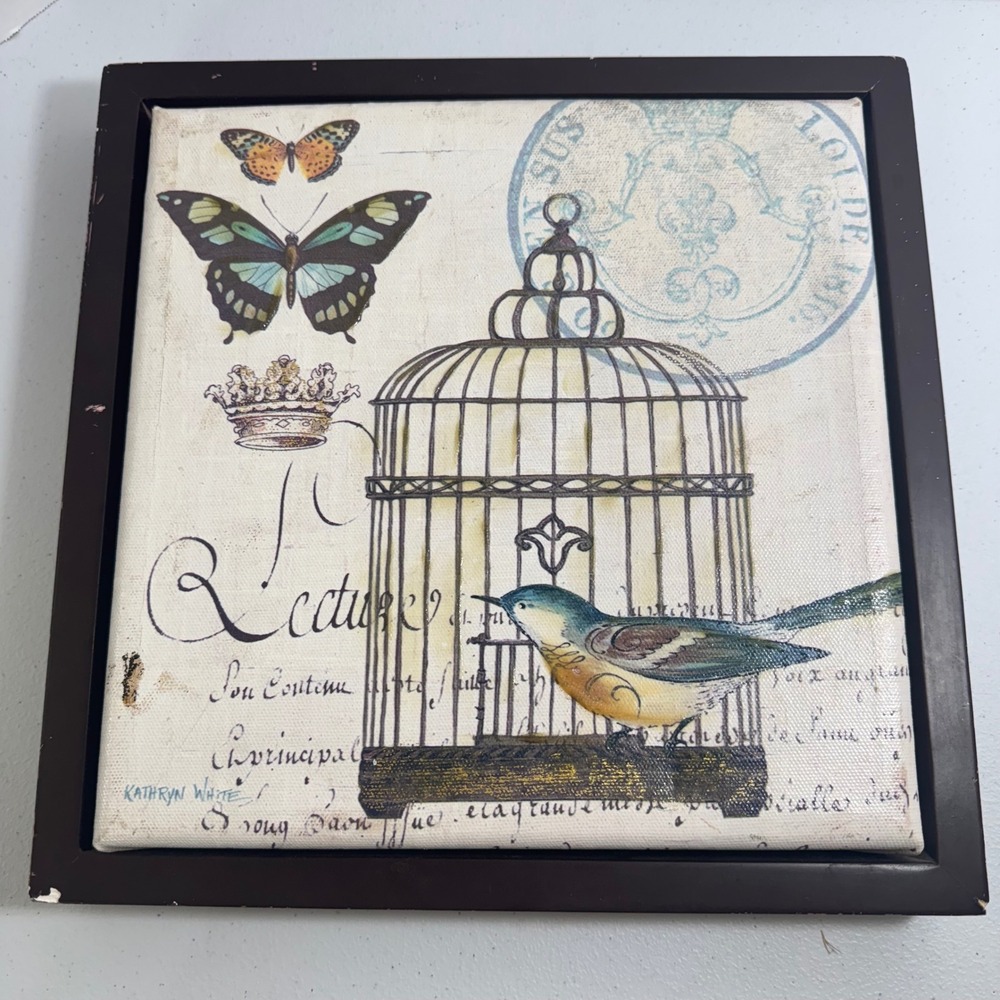 VTG Kathryn White Birdcage Butterfly Crown Canvas Art Frame Botanical Wall Decor
